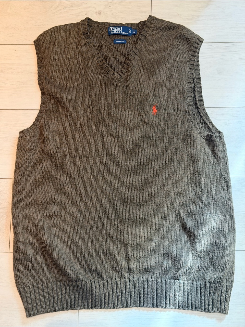 Ralph Lauren Olive Green V-Neck Sweater Vest with Orange Pony